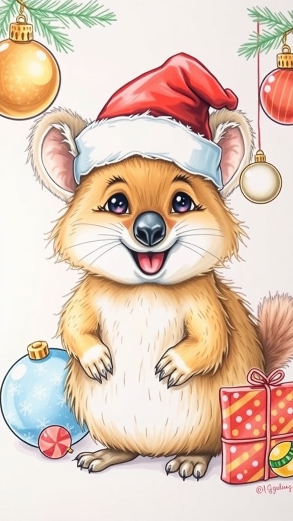 A festive quokka drawing with a Santa hat and Christmas decorations.